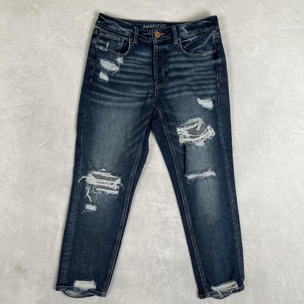 American Eagle Tomgirl Boyfriend Jeans Womens 6 Short Blue Distressed Denim